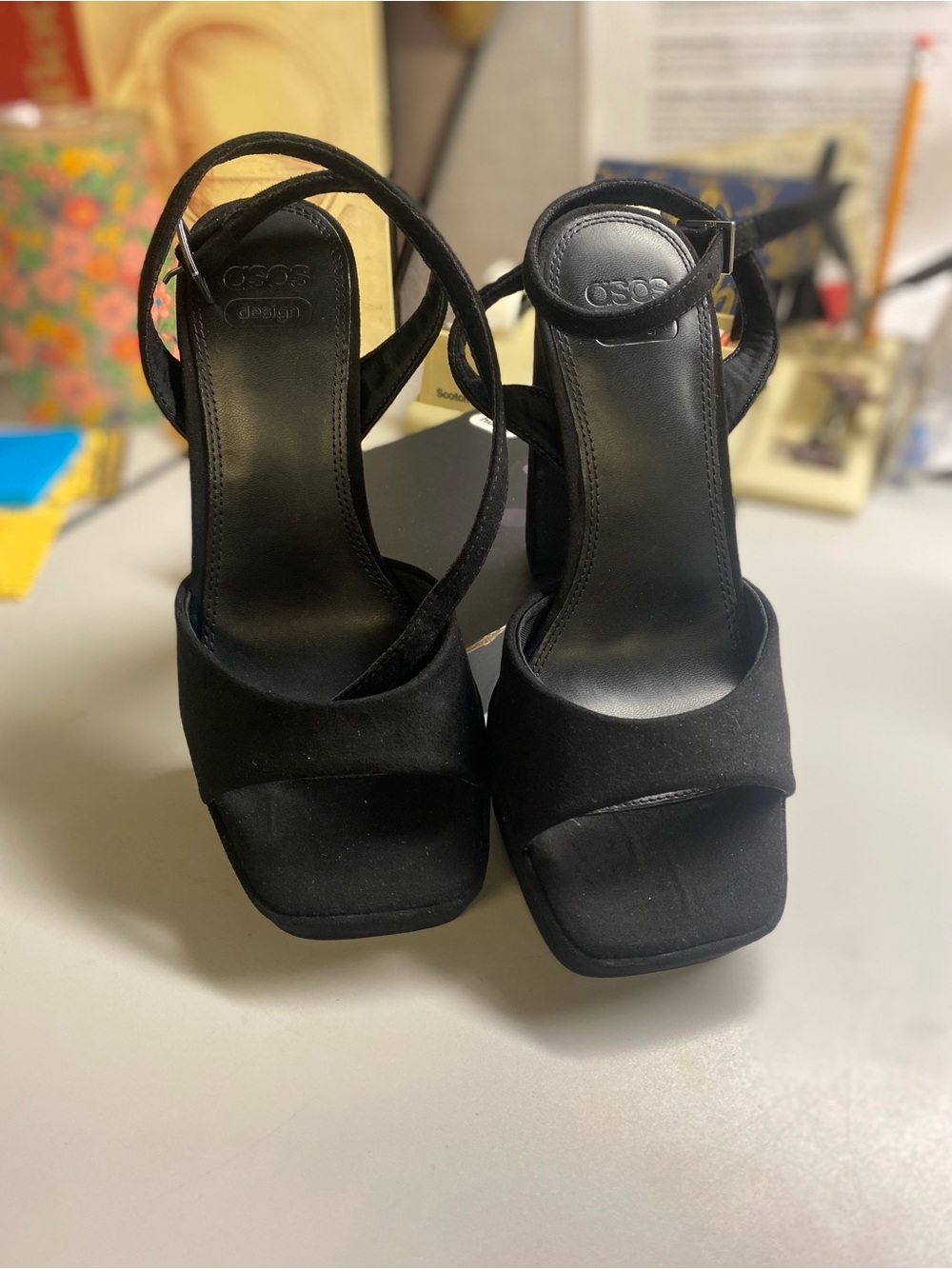ASOS Design Collection: Black Suede Strappy Block Heel Sandals